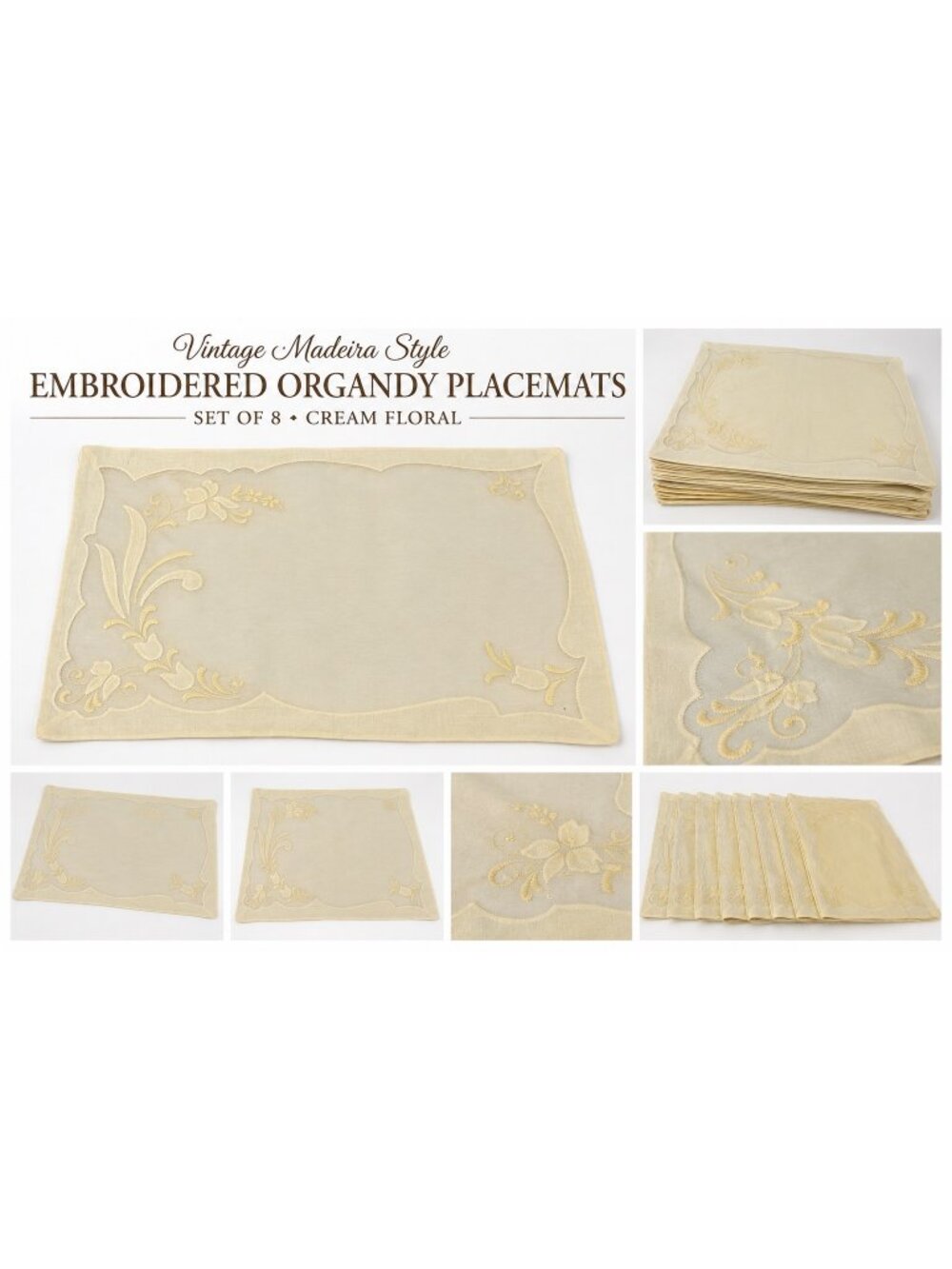 Madeira Style Embroidered Organdy Placemats Set 8 Cream Floral Linen
